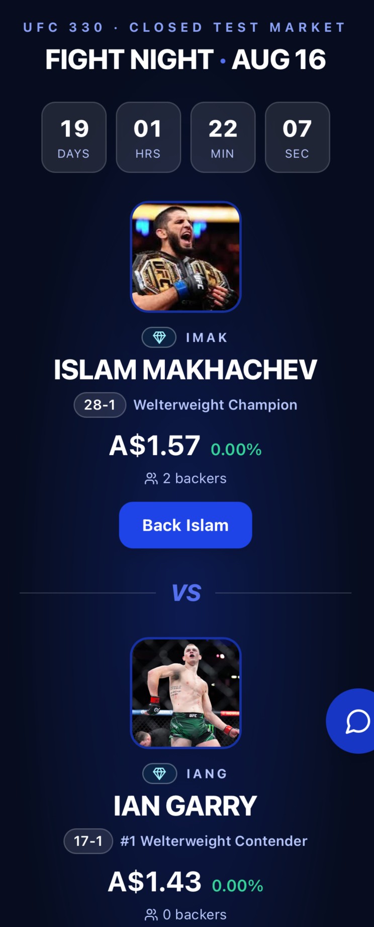 UFC 330 fight night market on Digger: Makhachev vs Garry with live countdown