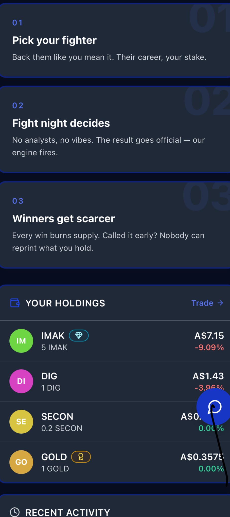 How Digger works: pick your fighter, fight night decides, winners get scarcer