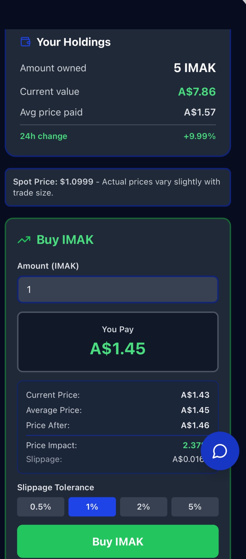 Buying an athlete token on Digger with live quote, price impact and slippage